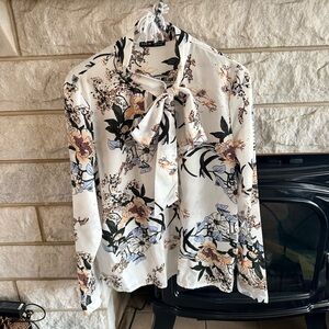 SHEIN Floral Tie-Neck Blouse - White and Black Medium 100% Polyester